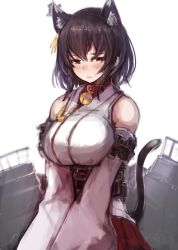 Rule 34 | 10s, 1girl, animal ears, bell, neck bell, black hair, blush, breasts, cat ears, cat tail, collar, detached sleeves, jingle bell, kantai collection, kemonomimi mode, large breasts, machinery, nontraditional miko, red eyes, short hair, sketch, solo, sumisu (mondo), tail, white background, yamashiro (kancolle)