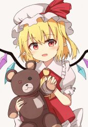 Rule 34 | 1girl, ascot, back bow, blonde hair, bow, collared shirt, crystal, flandre scarlet, frilled shirt collar, frills, hair between eyes, hat, hat ribbon, head tilt, highres, holding, holding stuffed toy, large bow, looking at viewer, medium hair, mob cap, multicolored wings, one side up, open mouth, pointy ears, puffy short sleeves, puffy sleeves, red eyes, red ribbon, red vest, ribbon, ribbon-trimmed headwear, ribbon trim, shirt, short sleeves, simple background, solo, stuffed animal, stuffed toy, teddy bear, tksand, touhou, upper body, vest, white background, white bow, white hat, white shirt, wings, yellow ascot
