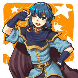 Rule 34 | androgynous, blue eyes, blue hair, cape, fingerless gloves, fire emblem, fire emblem: mystery of the emblem, fire emblem: shadow dragon, gender request, gloves, hand on own hip, hip focus, lowres, male focus, marth (fire emblem), matching hair/eyes, nintendo, smile, solo, tiara, trap, wink