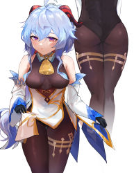Rule 34 | absurdres, ahoge, ass, back, backless outfit, bare shoulders, bell, black gloves, black legwear, black leotard, blue hair, blush, bodystocking, bodysuit, breasts, clothes lift, crotch, detached sleeves, from behind, ganyu (genshin impact), genshin impact, gloves, gluteal fold, gold trim, highres, horns, leotard, leotard under clothes, lifted by self, loincloth lift, long hair, maple (luoty111), medium breasts, multicolored eyes, multiple views, neck bell, sidelocks, solo, standing, thigh gap, thighlet, thighs, waist cape, white background, white sleeves