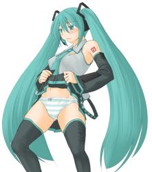 Rule 34 | 1girl, aqua eyes, aqua hair, bare shoulders, black thighhighs, blush, clothes lift, detached sleeves, flat color, hair ornament, hatsune miku, headphones, kasuga yukihito, long hair, necktie, panties, partially colored, revision, skirt, skirt lift, solo, striped clothes, striped panties, sweatdrop, tattoo, thighhighs, twintails, underwear, upskirt, very long hair, vocaloid