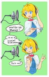 Rule 34 | 1girl, 58.2kg, alice margatroid, blonde hair, blue dress, blue eyes, border, capelet, commentary request, cookie (touhou), cropped torso, dress, english text, fox shadow puppet, green background, headphones, highres, holding, holding paper, looking to the side, microphone, open mouth, paper, profanity, red neckwear, short hair, studio microphone, touhou, upper body, web (cookie), white border, white capelet