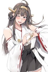 Rule 34 | 1girl, ahoge, brown hair, cowboy shot, detached sleeves, gold hairband, hairband, heart, heart hands, highres, kantai collection, kongou (kancolle), long hair, nontraditional miko, one eye closed, open mouth, simple background, smile, solo, white background, white sleeves, zekkyon