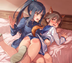 Rule 34 | 2girls, absurdres, animal ears, ass, ass smack, bare legs, black hair, blue jacket, blush, brown eyes, brown hair, crying, crying with eyes open, eye contact, hattori shizuka, highres, indoors, jacket, long sleeves, looking at another, looking back, lying, michairu, miyafuji yoshika, multiple girls, no pants, on bed, on stomach, pillow, pillow grab, ponytail, shirt, shoe soles, short hair, sitting, spanked, spanking, strike witches, tail, tears, v-shaped eyebrows, white shirt, world witches series, yellow eyes