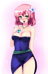 Rule 34 | 1990s (style), 1girl, bare shoulders, breasts, cleavage, dancer, dress, female focus, final fantasy, final fantasy v, gradient background, green eyes, heart, heart-shaped pupils, jewelry, lenna charlotte tycoon, looking at viewer, naughty face, necklace, open mouth, pink hair, potion, retro artstyle, sash, shin shiros, shirosu, short hair, solo, strapless, strapless dress, symbol-shaped pupils, tongue