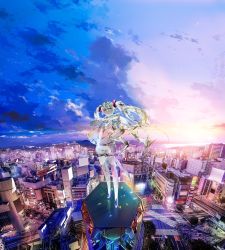 Rule 34 | 1girl, 3d, apapico, blue eyes, building, city, cityscape, cloud, crystal, full body, hair ornament, hatsune miku, highres, jacket, outdoors, scenery, shorts, sky, solo, standing, torii, twintails, vocaloid