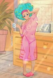 Rule 34 | 1girl, afro, alternate skin color, amartbee, bespectacled, blue eyes, blue hair, breasts, bulma, calendar (object), chest of drawers, coffee mug, commentary, contrapposto, covered erect nipples, cup, dark-skinned female, dark skin, dragon ball, dragonball z, english commentary, glasses, hand on own head, headband, light, medium breasts, mug, navel, nightgown, nipples, pink headband, pink nightgown, plant, see-through, slippers, solo, tan, twitter username