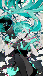 Rule 34 | 1girl, absurdres, aircraft, airplane, aqua eyes, aqua gloves, aqua hair, aqua skirt, armband, black shirt, blue armband, blue eyes, blue gloves, blue hair, blue necktie, cable, closed mouth, cloud, cloudy sky, frown, gloves, hair ornament, hair over one eye, halftone, hatsune miku, headphones, highres, holding, holding cable, holding megaphone, koi wa sensou (vocaloid), light particles, long hair, looking at viewer, megaphone, necktie, omutatsu, pantyhose, shirt, skirt, sky, solo, twintails, unhappy, very long hair, vocaloid