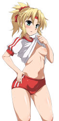 Rule 34 | 1girl, absurdres, blonde hair, blush, braid, breasts, buruma, clothes lift, fate/grand order, fate (series), french braid, gym uniform, hair ornament, hair scrunchie, hand on own hip, headband, highres, lifting own clothes, looking at viewer, mordred (fate), mordred (fate/apocrypha), navel, nipples, no bra, parted bangs, ponytail, puffy short sleeves, puffy sleeves, red buruma, red scrunchie, scrunchie, shiny skin, shirt, shirt lift, short sleeves, simple background, small breasts, solo, standing, stomach, white background, white shirt, yoshi tama