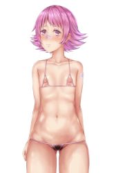 Rule 34 | 1girl, arms behind back, bandaid, bandaid on arm, bandaid on face, bandaid on nose, blush, closed mouth, collarbone, commentary request, creatures (company), eyelashes, female pubic hair, flat chest, game freak, gluteal fold, highres, kirima aki, looking at viewer, maylene (pokemon), mismatched pubic hair, navel, nintendo, nipples, petite, pink eyes, pink hair, pokemon, pokemon dppt, pubic hair, raised eyebrows, short hair, simple background, solo, white background