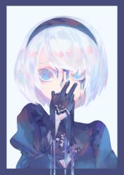 Rule 34 | 1girl, 2b (nier:automata), absurdres, bad id, bad twitter id, black border, black dress, black hairband, blue eyes, border, cleavage cutout, clothing cutout, dress, feather-trimmed sleeves, fortisselle, hairband, hand to own mouth, highres, juliet sleeves, long sleeves, looking at viewer, nier:automata, nier (series), no blindfold, outside border, portrait, puffy sleeves, slime (substance), solo, white background, white hair