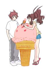 1boy 1girl antenna_hair blue_shorts blush brown_eyes brown_hair commentary_request creatures_(company) flip-flops food game_freak grey_pants hagetapo hand_in_pocket high_ponytail hilbert_(pokemon) hilda_(pokemon) holding ice_cream ice_cream_cone long_hair nintendo pants pink_footwear pokemon pokemon_bw sandals shirt shoes short_hair short_sleeves shorts sidelocks sneakers standing t-shirt tiptoes white_footwear white_shirt yellow_shirt