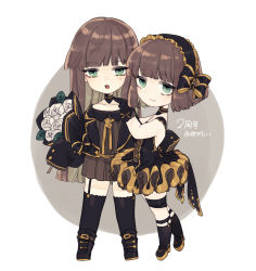 Rule 34 | 1boy, alternate costume, black gloves, blunt bangs, blunt ends, bob cut, boots, bouquet, bow, brown hair, chibi, choker, closed mouth, dress, dual persona, flower, gloves, green eyes, gretel (sinoalice), hand on another&#039;s shoulder, headdress, holding, holding bouquet, legband, looking at viewer, male focus, mary janes, open mouth, ribbon, shoes, sidelocks, sigatu r, sinoalice, thighhighs, trap, tutu
