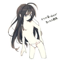 Rule 34 | 1boy, ahoge, androgynous, black hair, fundoshi, hair down, hand on ass, japanese clothes, long hair, lowres, male focus, namazuo toushirou, navel, nipples, purple eyes, topless male, simple background, touken ranbu, translated, trap, underwear, underwear only, very long hair