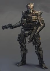 Rule 34 | assault rifle, b3 wingman, commentary, commission, english commentary, gradient background, grey background, gun, handgun, highres, holding, holding gun, holding weapon, humanoid robot, jack meng kirkman, mechanical arms, no humans, r-97 smg, realistic, red eyes, revolver, rifle, robot, science fiction, second-party source, spectre (titanfall), standing, submachine gun, titanfall (series), titanfall 2, weapon