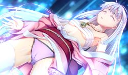 Rule 34 | 1girl, atelier kaguya, breasts, cameltoe, choco chip, dutch angle, closed eyes, game cg, ibaraki, japanese clothes, jewelry, kimono, long hair, namaiki ~kissuisou e youkoso!~, necklace, off shoulder, panties, purple panties, sarashi, small breasts, solo, thighhighs, underboob, underwear, white hair, white thighhighs