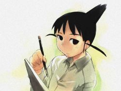 Rule 34 | 00s, androgynous, black eyes, gender request, genshiken, ogiue chika, pencil, simple background, solo, wooden pencil