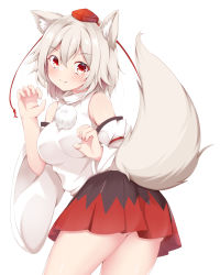 Rule 34 | 1girl, absurdres, animal ear fluff, animal ears, bare shoulders, black skirt, blush, breasts, claw pose, cowboy shot, detached sleeves, fang, fang out, hair between eyes, hat, highres, inubashiri momiji, large breasts, looking at viewer, miniskirt, pom pom (clothes), red eyes, red skirt, rururiaru, shirt, short hair, silver hair, simple background, skirt, sleeveless, sleeveless shirt, solo, tail, thighs, tokin hat, touhou, white background, white shirt, wide sleeves, wolf ears, wolf tail