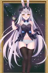 Rule 34 | 1girl, absurdres, animal ears, azur lane, bare shoulders, black thighhighs, blue dress, blue gloves, blush, breasts, diamond-shaped pupils, diamond (shape), dress, embarrassed, frilled gloves, frilled panties, frills, fuying sanbing, gloves, highres, holding, holding pocket watch, light purple hair, long hair, navel, no pants, panties, pocket watch, rabbit ears, shimakaze (azur lane), shimakaze (the white rabbit of wonderland) (azur lane), small breasts, solo, standing, stomach, striped clothes, striped panties, symbol-shaped pupils, thigh gap, thighhighs, thighs, underwear, very long hair, watch, yellow eyes