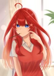 Rule 34 | 1girl, ahoge, blue eyes, breasts, closed mouth, collared shirt, food, food in mouth, go-toubun no hanayome, hair ornament, highres, incoming pocky kiss, indoors, large breasts, long hair, looking at viewer, nakano itsuki, pocky, pointing, pointing at self, red hair, red sweater vest, shiraito, shirt, solo, star (symbol), star hair ornament, sweater vest, white shirt