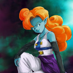 Rule 34 | 1girl, blue eyes, blue skin, breasts, cleavage, colored skin, dragon ball, dragonball z, earrings, evanz, gradient background, highres, jewelry, lips, looking at viewer, necklace, pointy ears, zangya