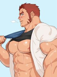 Rule 34 | 1boy, abs, akashi (live a hero), bara, bare pectorals, blue background, breath, clothes lift, facial hair, goatee, highres, kansuke (kansuke 717), large pectorals, live a hero, long sideburns, looking at viewer, male focus, muscular, muscular male, navel, nipples, open clothes, open shirt, pectorals, profile, red hair, scar, scar on face, scar on nose, shirt lift, short hair, short sleeves, sideburns, simple background, solo, sweatdrop, thick arms, thick eyebrows, towel on one shoulder, upper body, wet