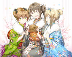 Rule 34 | 3girls, alternate costume, alternate hairstyle, blonde hair, blue eyes, blue kimono, blush, bow, breasts, brown eyes, brown hair, cherry blossoms, closed mouth, creator connection, double bun, floral background, floral print, fur-trimmed kimono, fur trim, girls&#039; frontline, green eyes, green kimono, grey kimono, hair between eyes, hair bow, hair bun, hair ornament, hair ribbon, hairband, hairclip, holding, japanese clothes, k2 (girls&#039; frontline), kimono, long hair, looking at viewer, medium breasts, multiple girls, obi, open mouth, phino, rfb (girls&#039; frontline), ribbon, sash, sidelocks, sitting, smile, snowflake hair ornament, suomi (girls&#039; frontline), tareme