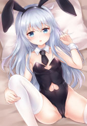 Rule 34 | 1girl, anchor, anchor symbol, animal ears, bed sheet, black leotard, black necktie, blue eyes, blush, breasts, cameltoe, clothing cutout, commentary, commentary request, detached collar, dutch angle, fake animal ears, hair between eyes, hand up, heart cutout, hibiki (kancolle), kantai collection, knee up, leotard, long hair, looking at viewer, lying, medium breasts, navel, navel cutout, necktie, nikoo, on back, parted lips, pillow, playboy bunny, rabbit ears, silver hair, small breasts, solo, strapless, strapless leotard, thighhighs, very long hair, white thighhighs, wrist cuffs