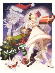 Rule 34 | 1boy, 1girl, ahoge, alternate costume, artoria pendragon (all), artoria pendragon (fate), bare shoulders, black bow, blonde hair, boots, border, bow, box, bsq, candy, candy cane, christmas, christmas tree, commentary, creature, dated, dress, elbow gloves, english text, engrish text, fate/grand order, fate (series), food, fou (fate), frilled dress, frills, full body, fur-trimmed boots, fur-trimmed dress, fur trim, gift, gift box, gloves, green eyes, hair between eyes, hair bow, hat, holding, holding sack, looking at viewer, merlin (fate), merry christmas, mouth hold, one eye closed, open mouth, outside border, ponytail, purple eyes, ranguage, red headwear, robe, saber lily, sack, saint quartz (fate), santa hat, sidelocks, sleeveless, sleeveless dress, smile, symbol-only commentary, teeth, white border, white dress, white footwear, white gloves, white hair, white robe