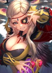 Rule 34 | 1girl, aduti momoyama, black feathers, blonde hair, book, breasts, circlet, cleavage, clothing cutout, cloud, cloudy sky, collarbone, eyepatch, feather trim, feathers, fire emblem, fire emblem fates, fire emblem heroes, gold trim, green eyes, grey eyes, grin, highres, holding, holding book, large breasts, long hair, looking at viewer, medium breasts, nintendo, o-ring, official alternate costume, ophelia (fire emblem), sky, smile, solo, swept bangs, teeth, upper body
