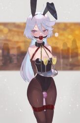 Rule 34 | 1girl, ahoge, alcohol, animal ears, arms behind back, ball gag, bdsm, bound, bound arms, chain, champagne, collar, commentary request, commission, cup, drinking glass, fake animal ears, gag, gagged, grey eyes, gundam, gundam suisei no majo, highres, leotard, long hair, looking at viewer, miorine rembran, monoglove, pantyhose, playboy bunny, rabbit ears, raftetram, sex toy, skeb commission, solo, strapless, strapless leotard, vibrator, white hair, wine glass