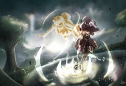 Rule 34 | 1girl, animal ears, ayunda risu, brown capelet, brown skirt, capelet, flying, gloves, hat, highres, holding, holding staff, hololive, hololive indonesia, local catto, mountain, skirt, solo focus, spirit, squirrel ears, squirrel girl, squirrel tail, staff, sunlight, tail, tree, virtual youtuber, water, white gloves, witch, witch hat