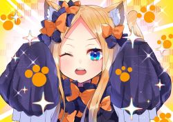 Rule 34 | 1girl, abigail williams (fate), akirannu, animal ear fluff, animal ears, black bow, blonde hair, blue eyes, bow, cat ears, cat tail, commentary request, emotional engine - full drive, fate/grand order, fate (series), hair bow, long hair, looking at viewer, multiple bows, one eye closed, orange bow, parted bangs, sleeves past fingers, sleeves past wrists, solo, tail, teeth, upper teeth only
