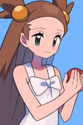 Rule 34 | 1girl, blue background, bow, brown hair, closed mouth, commentary request, creatures (company), dress, eyelashes, game freak, grey eyes, hair bobbles, hair ornament, hands up, holding, holding poke ball, jasmine (pokemon), long hair, nintendo, poke ball, poke ball (basic), pokemon, pokemon gsc, simple background, sleeveless, sleeveless dress, smile, solo, two side up, tyako 089, white bow, white dress
