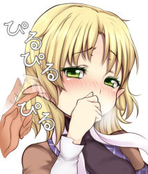 Rule 34 | 1girl, bad id, bad pixiv id, blush, covering own mouth, ear wiggle, eargasm, female focus, ginji74, green eyes, looking at viewer, mizuhashi parsee, pointy ears, portrait, pov, scarf, shirt, short hair, solo focus, touhou, uncommon stimulation, upper body