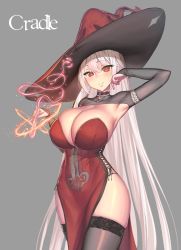 Rule 34 | 1girl, arm up, armpits, black thighhighs, blush, breasts, bridal gauntlets, character request, choker, cleavage, closed mouth, commentary, copyright request, covered navel, cowboy shot, cross-laced clothes, dress, english commentary, grey background, hand on own cheek, hand on own face, hat, highres, holding, huge breasts, large breasts, long hair, looking at viewer, mole, mole on breast, pelvic curtain, red dress, red eyes, red hat, shrug (clothing), simple background, skindentation, smile, solo, straight hair, strapless, strapless dress, suerte, thighhighs, very long hair, wide hips, witch hat