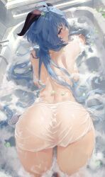 1girl absurdres ahoge ass backboob bathing bathroom bathtub blue_hair breasts from_behind ganyu_(genshin_impact) genshin_impact goat_horns haku89 highres horns in_bathtub indoors long_hair looking_at_viewer looking_back lying medium_breasts nude on_stomach open_mouth partially_submerged petals petals_on_liquid purple_eyes soap solo towel white_towel