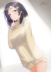 Rule 34 | 1girl, absurdres, ayuman, beige dress, beige sweater, black hair, commentary request, commission, cowboy shot, dress, green eyes, hair ornament, hairclip, highres, index finger raised, kantai collection, kuroshio (kancolle), looking at viewer, ribbed sweater, short hair, sleeves past wrists, smile, solo, standing, sweater, sweater dress