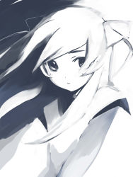 Rule 34 | 1girl, blue theme, blush, expressionless, female focus, floating hair, greyscale, hair over one eye, hair ribbon, haruyo (imokenp), long hair, looking at viewer, monochrome, morinomiya-sensei, parted lips, ribbon, solo, swept bangs, upper body, vocaloid, wind