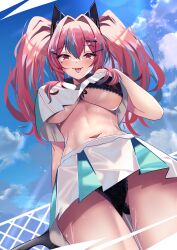 Rule 34 | 1girl, absurdres, azur lane, black bra, black panties, blue hair, blush, bra, bra peek, breasts, bremerton (azur lane), bremerton (scorching-hot training) (azur lane), chain-link fence, commentary, crop top, crop top overhang, fence, hair between eyes, hair ornament, hand on own chest, highres, holding, holding racket, lace, lace-trimmed bra, lace-trimmed panties, lace trim, large breasts, lens flare, long hair, looking at viewer, mole, mole on breast, mole under eye, multicolored hair, navel, official alternate costume, panties, pantyshot, pink eyes, pink hair, racket, seabread, solo, sportswear, stomach, streaked hair, sweat, tennis racket, tennis uniform, tongue, tongue out, twintails, two-tone shirt, two-tone skirt, underboob, underwear, x hair ornament