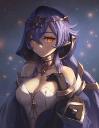 Rule 34 | 1girl, bare shoulders, black gloves, blue hair, blue hood, blurry, blurry background, breasts, cleavage, closed mouth, commentary, detached sleeves, english commentary, expressionless, genshin impact, gloves, hair between eyes, hand on own chest, highres, jewelry, layla (genshin impact), long hair, long sleeves, looking at viewer, medium breasts, neck ring, pointy ears, puffy long sleeves, puffy sleeves, ringlets, sidelocks, solo, stormstx, upper body, yellow eyes