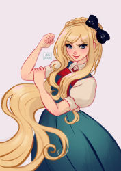Rule 34 | 1girl, black bow, blonde hair, blue eyes, blush, bow, bowtie, braid, closed mouth, commentary, cowboy shot, crown braid, danganronpa (series), danganronpa 2: goodbye despair, dress, english commentary, french braid, green dress, hair bow, hand up, highres, long hair, looking at viewer, missarilicious, puffy short sleeves, puffy sleeves, red bow, red bowtie, short sleeves, simple background, smile, solo, sonia nevermind, swept bangs, very long hair, white background