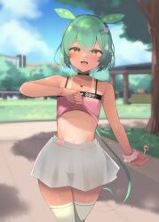 Rule 34 | 1girl, animal ears, black choker, blush, candy, choker, clothes lift, cloud, crop top, day, flat chest, food, grass, green hair, hair ornament, hairclip, heart, holding, holding candy, holding food, holding lollipop, jewelry, lollipop, long hair, looking at viewer, nail polish, necklace, open mouth, outdoors, pink nails, see-through, shin (new), skirt, sky, solo, tan, tanline, thighhighs, tree, very long hair, voicevox, white skirt, white thighhighs, yellow eyes, zundamon