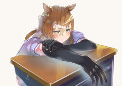 Rule 34 | 1girl, animal ears, arms on table, black gloves, blush, braid, brown hair, closed mouth, commentary request, desk, doushi tatsu to dekkai no, earrings, elbow gloves, french braid, gloves, highres, horse ears, horse girl, jewelry, jungle pocket (umamusume), looking at viewer, medium hair, on desk, puffy short sleeves, puffy sleeves, purple shirt, school desk, school uniform, shirt, short sleeves, simple background, single earring, sitting, skirt, solo, summer uniform, sweat, tracen school uniform, umamusume, white background, white skirt, yellow eyes