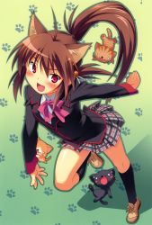 Rule 34 | 1girl, :3, :d, absurdres, animal ears, blush, bow, brown hair, cat ears, fang, highres, kuuchuu yousai, little busters!, natsume rin, open mouth, paw print, pink bow, ponytail, red eyes, school uniform, smile
