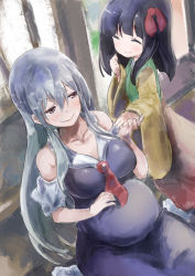 Rule 34 | 2girls, adapted costume, age difference, black hair, blush, hand on own stomach, hand to own mouth, height difference, hieda no akyuu, highres, holding hands, japanese clothes, kamishirasawa keine, kimono, long hair, looking at another, multiple girls, onee-loli, pregnant, red eyes, silver hair, sitting, smile, touhou, yohane, yuri