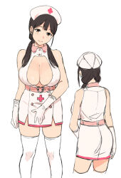 1girl bare_shoulders belt black_hair breasts brown_eyes buckle cleavage_cutout closed_mouth clothing_cutout collared_dress commentary_request cropped_legs dress feet_out_of_frame from_behind gloves hand_on_own_crotch hat heart heart-shaped_buckle large_breasts looking_at_viewer low_twintails multiple_views nurse nurse_cap original pink_belt sasamori_tomoe simple_background sketch sleeveless sleeveless_dress smile split_mouth thighhighs twintails white_background white_dress white_gloves white_thighhighs