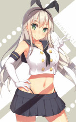 Rule 34 | 10s, 1girl, alternate breast size, bad id, bad pixiv id, black panties, blonde hair, blush, breasts, crop top, crop top overhang, elbow gloves, female focus, gloves, green eyes, hairband, hand on own hip, highres, kantai collection, large breasts, long hair, looking at viewer, midriff, navel, panties, samegami, shimakaze (kancolle), shiny skin, skirt, solo, striped, underwear, v, white gloves