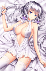 Rule 34 | 1girl, azur lane, bed sheet, blue eyes, breasts, cleavage, collarbone, dress, garter straps, halter dress, halterneck, hand up, highres, illustrious (azur lane), illustrious (morning star of love and hope) (azur lane), large breasts, long hair, looking at viewer, low twintails, lying, on back, parted lips, sidelocks, silver hair, solo, spread legs, thighhighs, thighs, tsurime, twintails, very long hair, wedding dress, white dress, white thighhighs, wsman