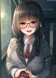 Rule 34 | 1girl, armband, arms under breasts, bad id, bad pixiv id, black hair, blush, breast pocket, breasts, buttons, collared shirt, commentary request, glasses, grey blazer, grey eyes, hair tie, highres, indoors, large breasts, long hair, long sleeves, looking at viewer, necktie, necktie grab, neckwear grab, open mouth, original, pocket, pov, red-framed eyewear, red neckwear, rerrere, safety pin, school uniform, shirt, solo focus, teeth, twintails, uniform, upper body, upper teeth only, white shirt, wing collar